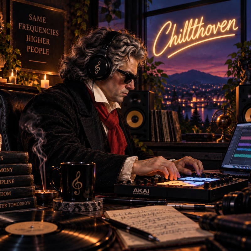 Sonatas & Subwoofers album artwork: a classical composer at an electronic music controller in a candlelit studio